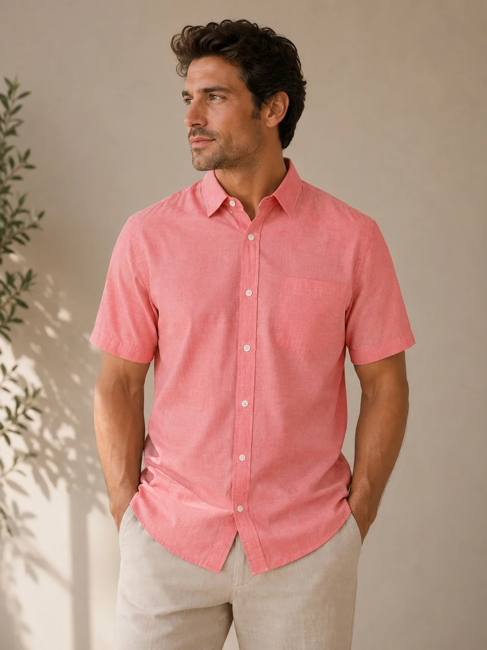 Banana Republic Men's Slim Fit Coral Pink Chambray Short Sleeve Shirt L VG